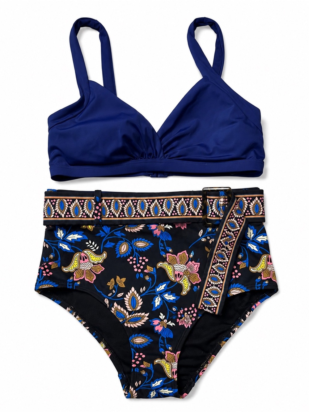 Boden Navy Floral High Waisted Bikini Two Piece Swimsuit Bralette Top Size 6
